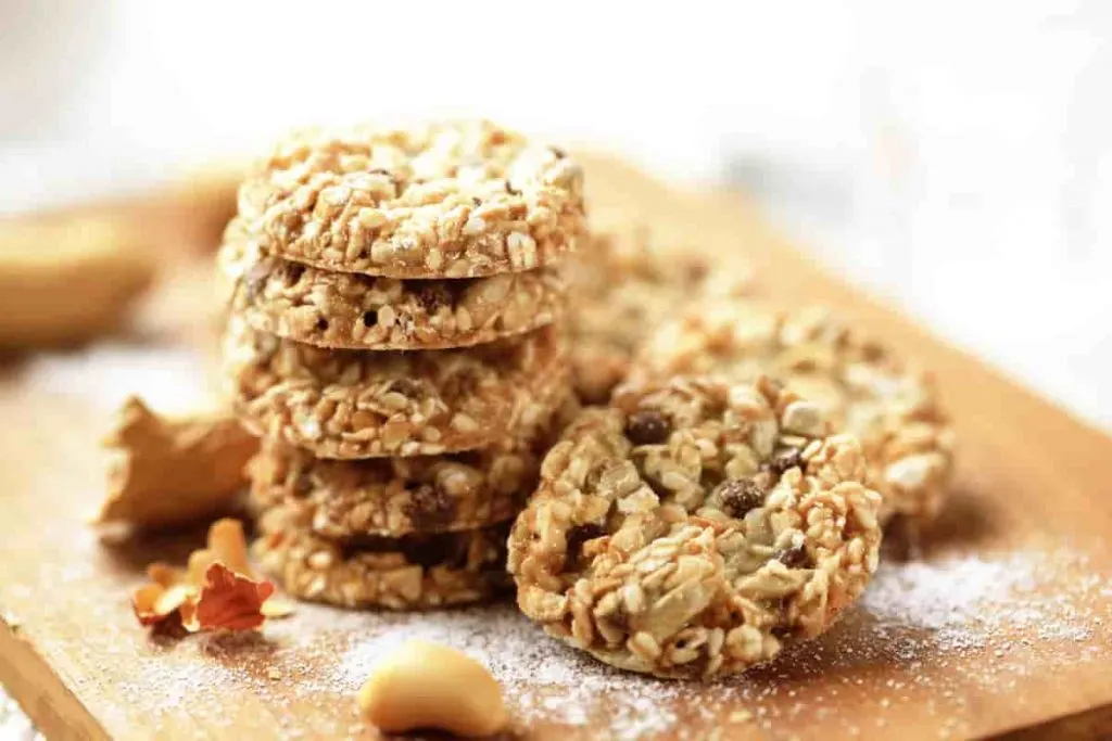 stack of lactation cookies made from oatmeal raisins and nuts