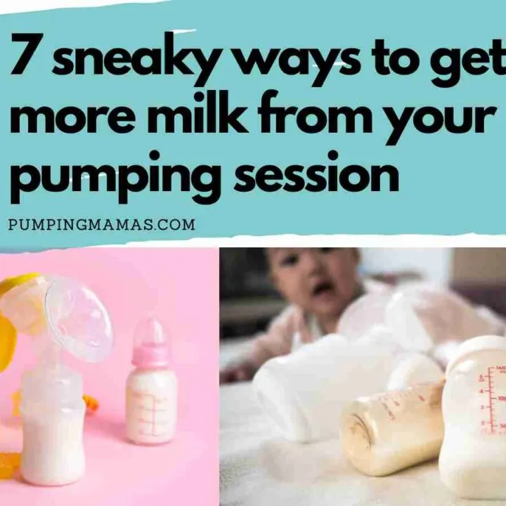 how to get more milk from each pumping session. picture of pump and full baby bottles against a pink background.
