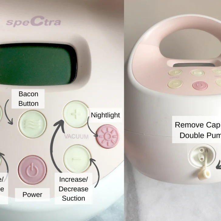 Front of spectra pump with photo of the buttons like the bacon button/massage mode, cycle and vacuum buttons